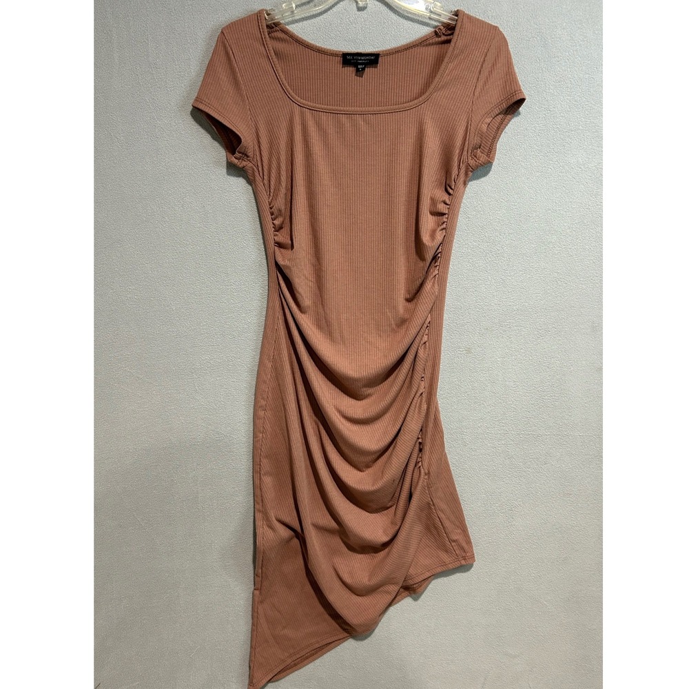 See You Monday Dress Women Large Brown Ribbed Ruched Asymmetrical Bodycon Basic